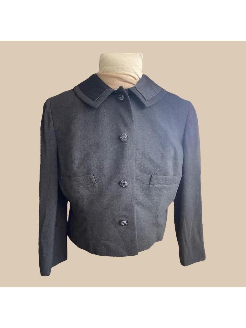 Vintage 1950s Cropped Wool Jacket: Black Forstmann Gabardine, Bow Detail
